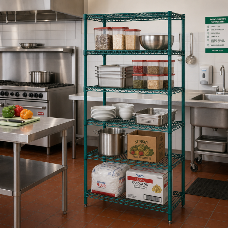 Product image #2 for Quantum 5-Shelf Wire Shelving Starter Kit, 42"W x 21"D x 63"H, Green Epoxy Antimicrobial Finish