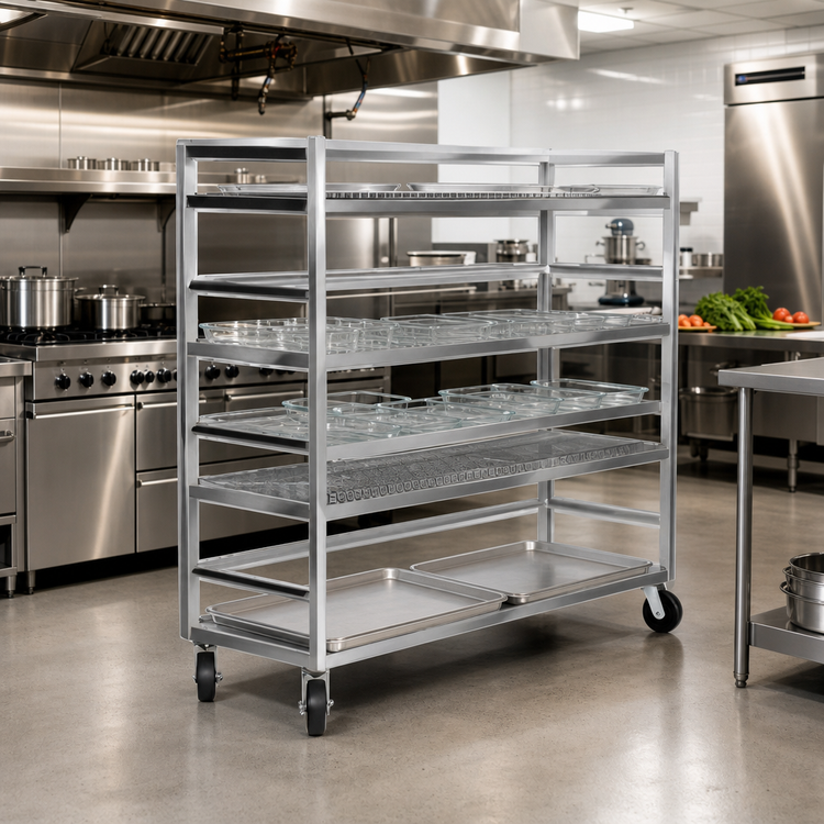 Product image #3 for Channel Manufacturing Aluminum Glass/Oval Tray Mobile Shelf Truck / Flight Cart, 75 x 25 x 72 Inches, 4 Shelves