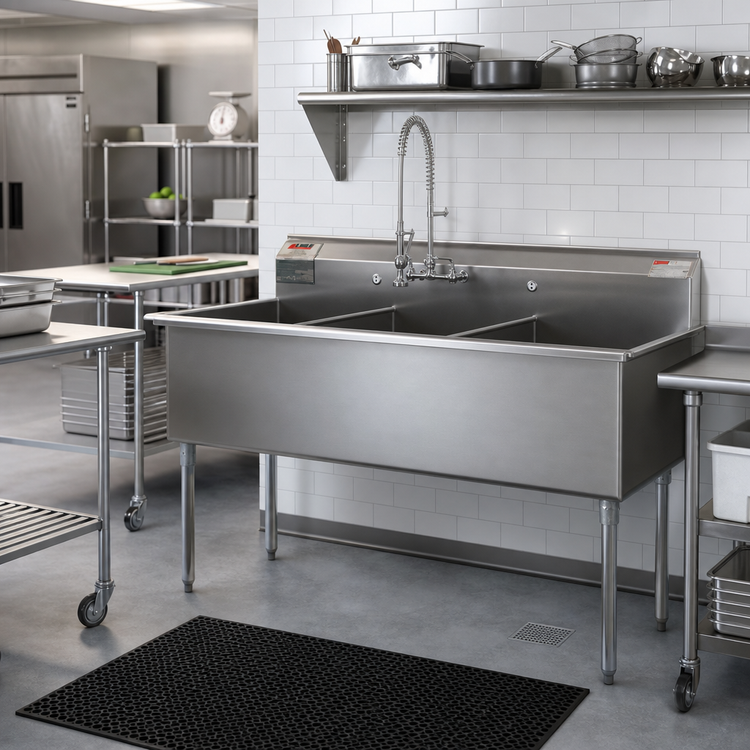 Product image #2 for Eagle Group Two-Compartment Utility Sink with Double Drainboards, 16 Gauge 430 Stainless Steel, 96-1/4 Inch Wide