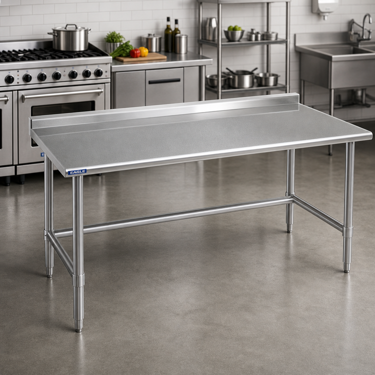 Product image #2 for Eagle Spec-Master 72" x 36" 14-Gauge 300 Series Stainless Steel Work Table with 1-1/2" Rear Upturn and Open Tubular Base
