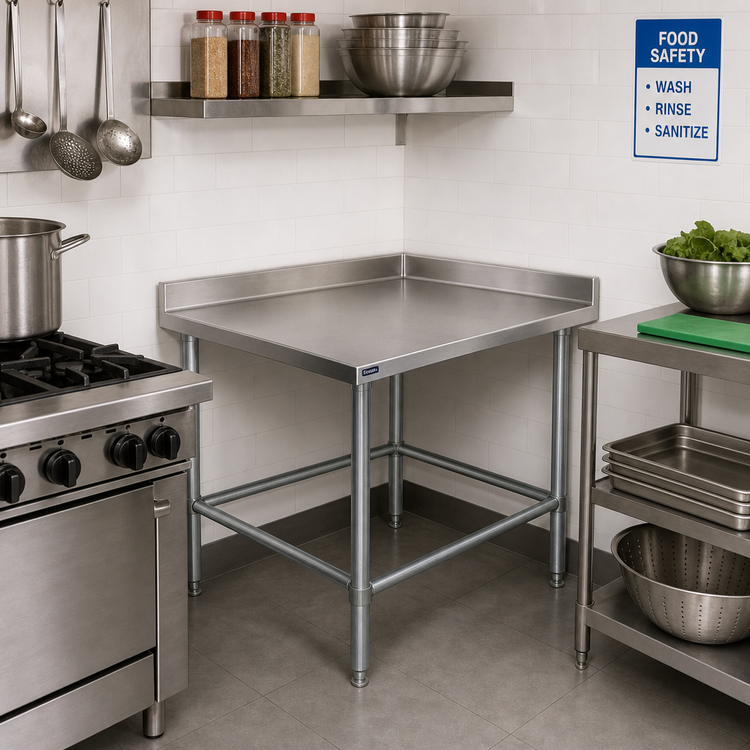 Product image #2 for Eagle Budget Series 30 x 30 Inch Corner Work Table with 4-1/2 Inch Backsplash, 430 Stainless Steel Top and Galvanized Base