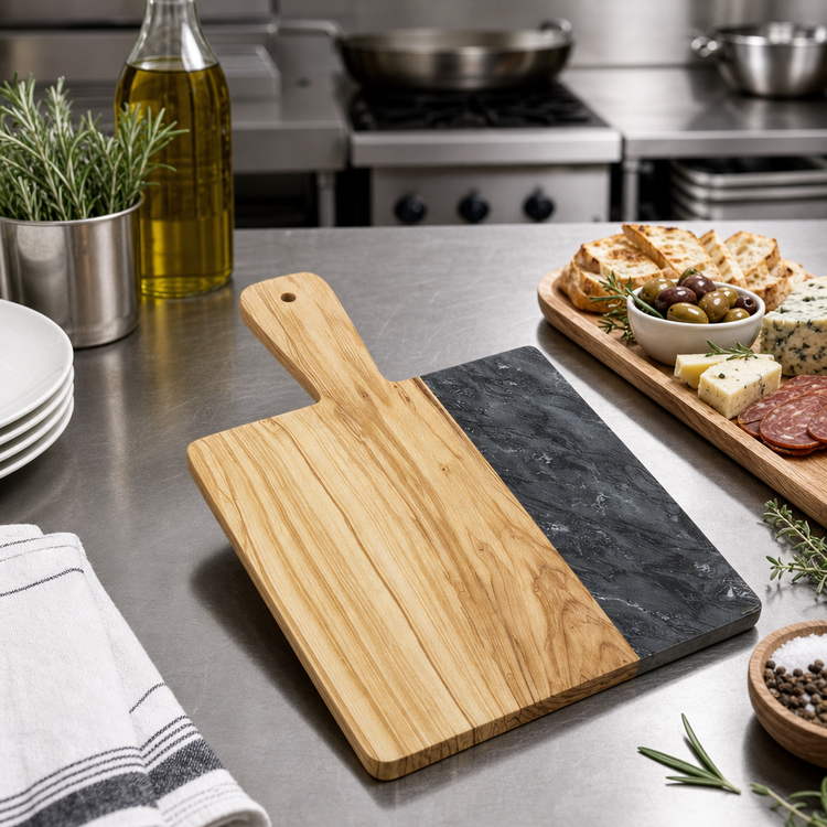 Product image #2 for American Metalcraft Olive Wood and Black Marble Square Serving Peel with Handle, 10 x 9 Inches