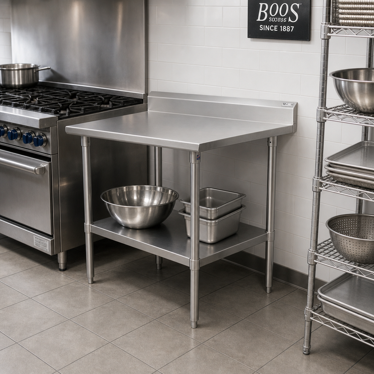 Product image #2 for John Boos Stallion 30" x 24" 16-Gauge Stainless Steel Corner Work Table with 5" Backsplash and Galvanized Undershelf