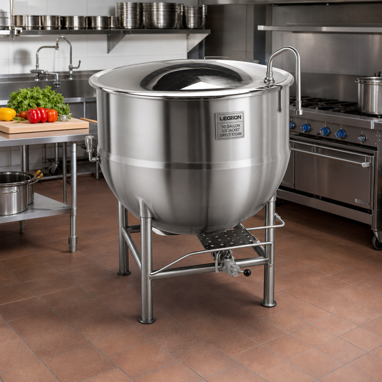 Product image #2 for Legion 50-Gallon Stationary Direct Steam Kettle with 2/3 Jacket and Tri-Leg Base