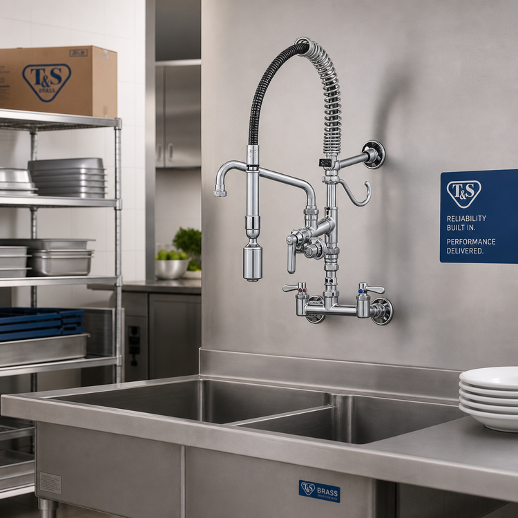 Product image #2 for T&S Brass Mini Pre-Rinse Wall-Mount Mixing Faucet with 8-Inch Swing Nozzle and Low-Flow Spray Valve