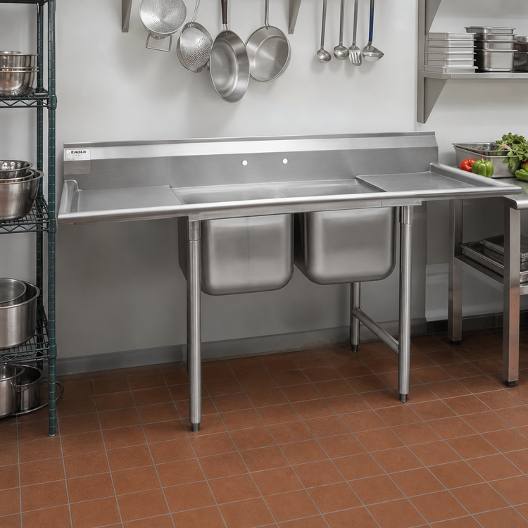 Product image #2 for Eagle Group 72-1/4-Inch Two-Compartment 304 Stainless Steel Sink with Dual Drainboards