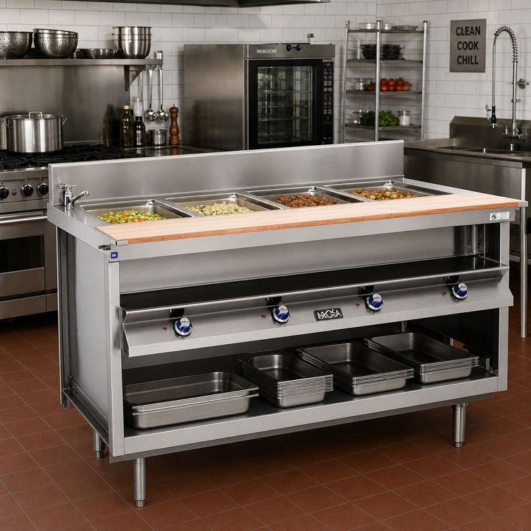 Product image #2 for La Rosa 86-Inch Electric Hot Food Table with (6) 12 in. x 20 in. Wet/Dry Wells, Open Cabinet Base and Faucet