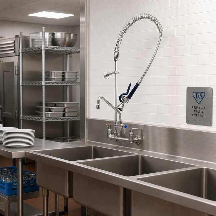 Product image #2 for T&S Brass EverSteel 8-Inch Wall Mount Pre-Rinse Mixing Faucet with 12-Inch Swing Nozzle and 44-Inch Hose