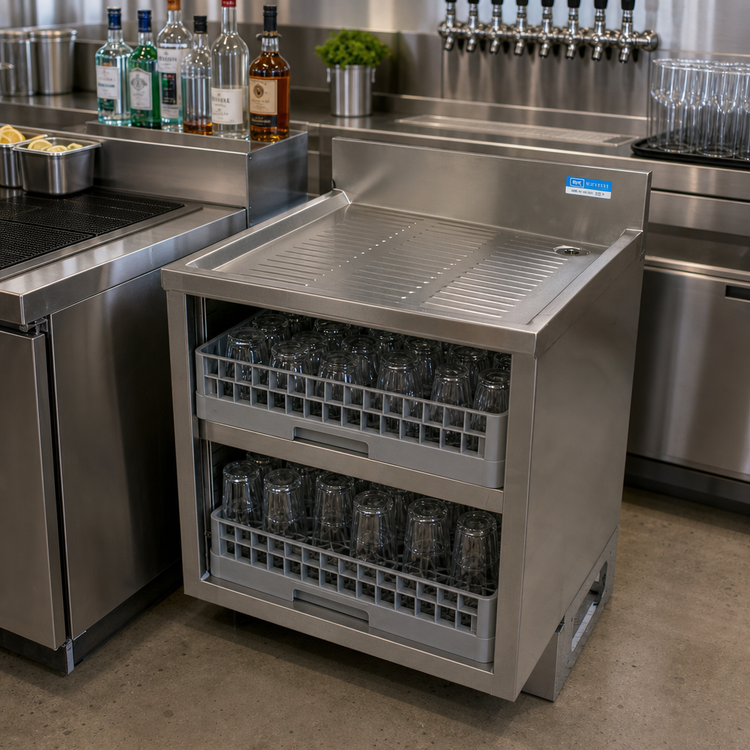 Product image #2 for BK Resources 24 Inch Underbar Glass Rack Cabinet with Drainboard Top and Adjustable Shelf