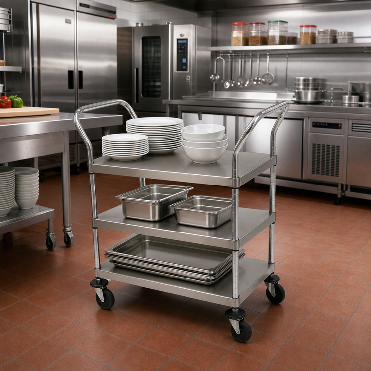 Product image #2 for Advance Tabco Three-Shelf Stainless Steel Open-Design Utility Bus Cart with Casters, 18 x 27 Inch Shelves