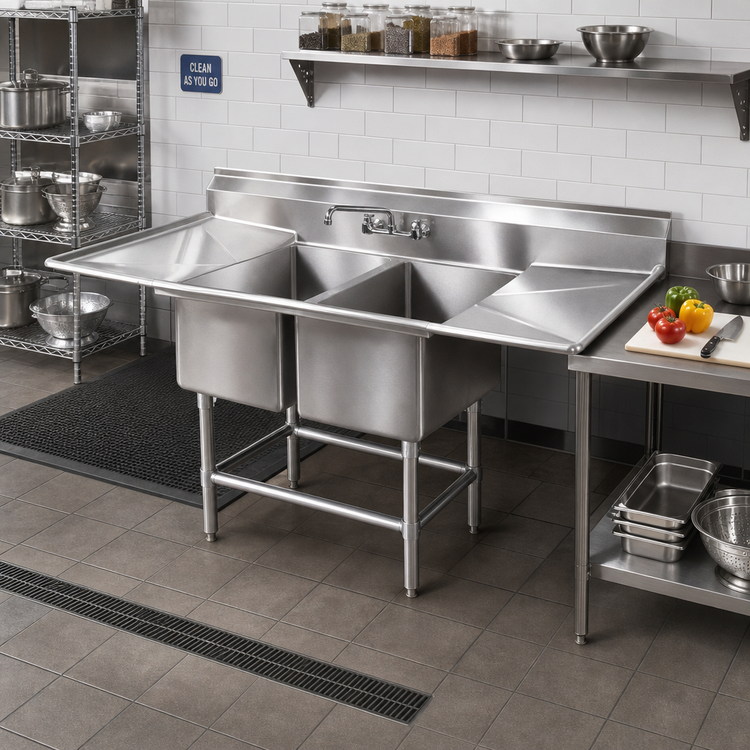 Product image #2 for Spec-Master FN Series Floor Model Two-Compartment Stainless Steel Sink with Left and Right 30-Inch Drainboards, 24 x 24 x 14 Inch Bowls