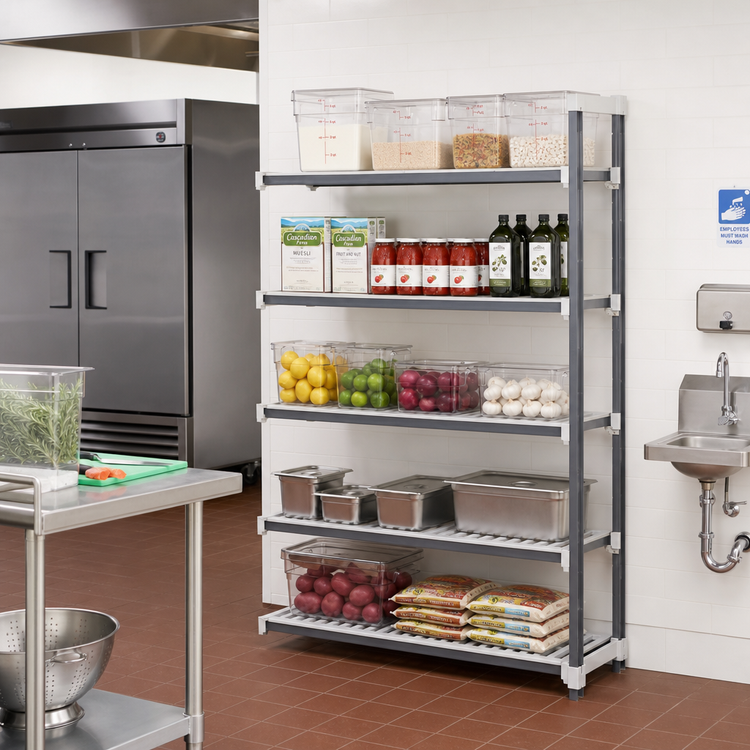 Product image #2 for Cambro Camshelving Elements XTRA Stationary Add-On Polymer Shelving Unit, 18" x 48" x 64", 5-Tier Vented, Speckled Gray