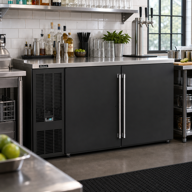 Product image #2 for Two-Section 60-Inch Refrigerated Back Bar Cooler with Solid Doors and Stainless Steel Top and Sides