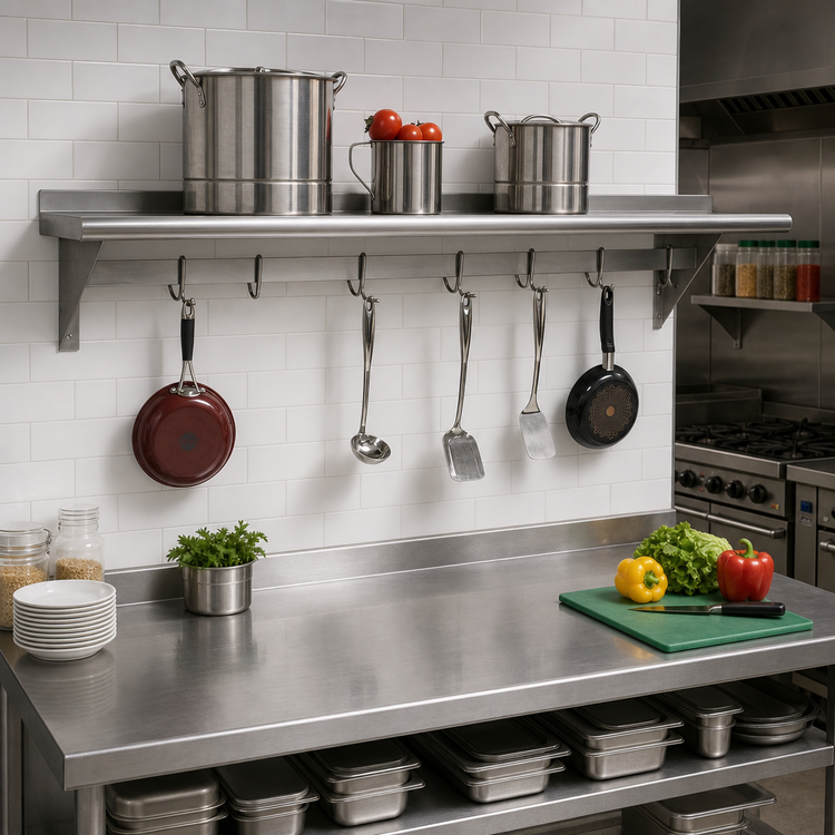 Product image #2 for Advance Tabco Wall-Mounted Stainless Steel Shelf with Pot Rack, 108 x 18 Inches