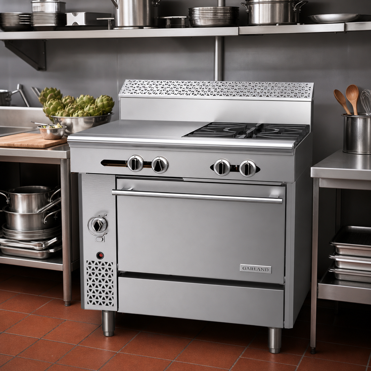 Product image #2 for Garland Cuisine Series 36-Inch Heavy Duty Gas Combination Top Range with 2 Open Burners, 18-Inch Hot Top, and Convection Oven