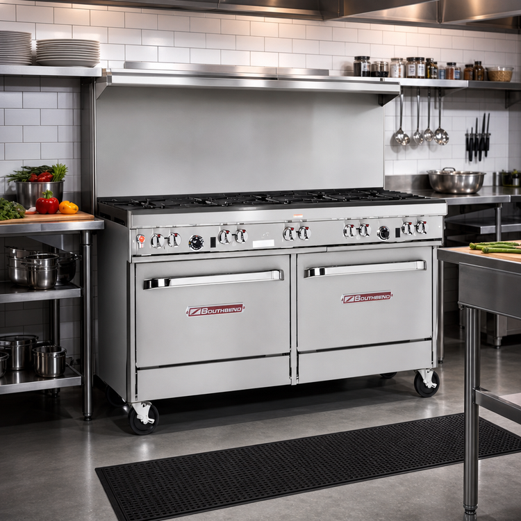 Product image #2 for Southbend Ultimate 60-Inch Gas Restaurant Range with 8 Open Burners, Convection Oven, and Cabinet Base