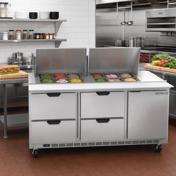 Product image #3 for Beverage-Air Mega Top Refrigerated Sandwich Prep Table, 72-Inch, 3-Section, 4 Drawers, 1 Door, 24-Pan