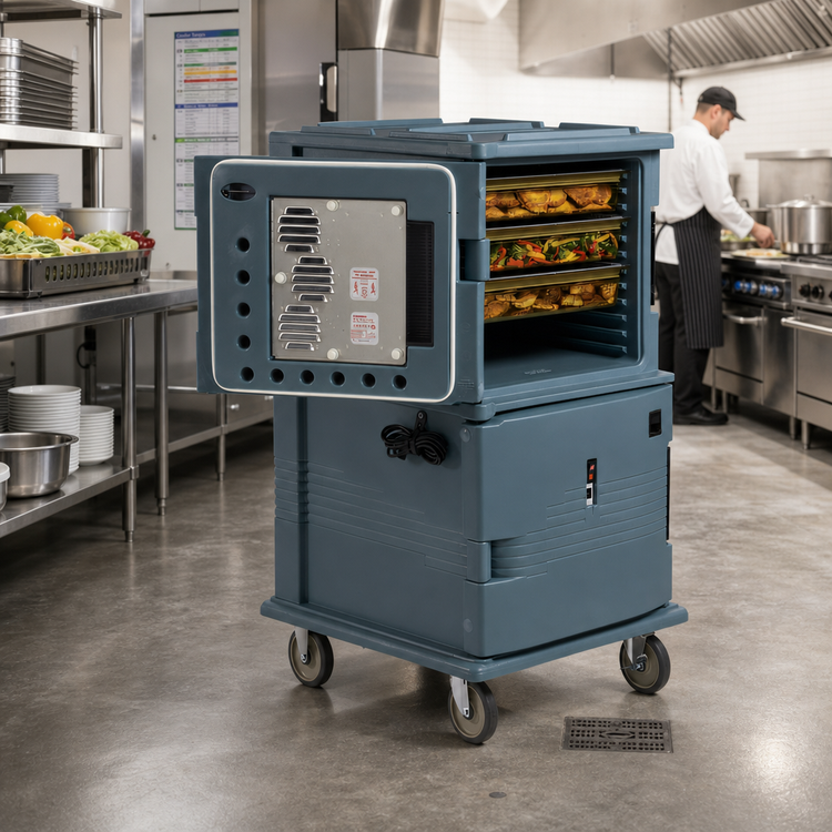 Product image #3 for Cambro Ultra Camcart H-Series 2-Compartment Front-Loading Heated Food Pan Carrier, Heated Top Door Only, HD Casters, Granite Gray, 110V