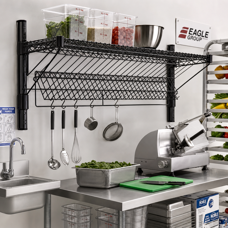 Product image #2 for Eagle Group 48-Inch x 18-Inch Reversible Angled Wire Shelf with Hanger Rails, Black Epoxy