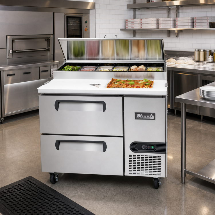Product image #2 for Migali Competitor Series® 44-Inch Pizza Prep Table with Drawers, Self-Contained Side-Mount Refrigeration