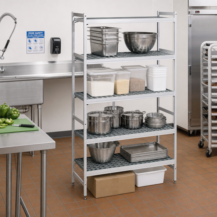 Product image #2 for Fermostock 5-Tier Stationary Starter Shelving Unit, 83" H x 26" W x 14" D, Perforated Aluminum with Polymer Inserts