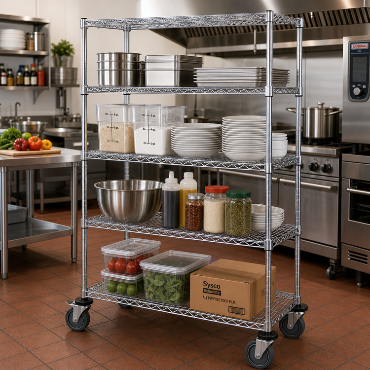 Product image #2 for Quantum 48-Inch x 18-Inch x 69-Inch Mobile Wire Shelving Cart with 4 Shelves, Chrome Plated Finish