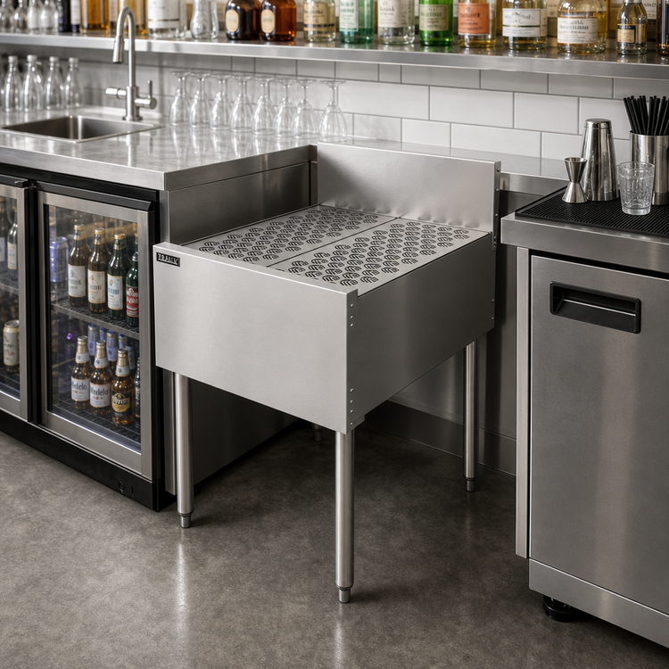 Product image #3 for Top Shelf TSCE Series 24-Inch Freestanding Stainless Steel Underbar Drainboard with Backsplash and Glass Rack Inserts