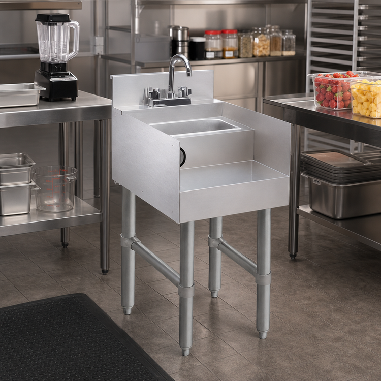 Product image #2 for 26" x 12" Freestanding Double Step Stainless Steel Blender Station with 3" Backsplash and 9" x 9" x 4" Dump Sink