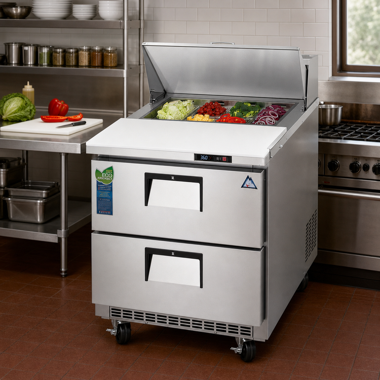 Product image #2 for Everest Refrigeration 27-3/4 Inch 1-Section Stainless Steel Drawered Sandwich Prep Table with Rear-Mounted Self-Contained Refrigeration, 2 Drawers, and 8 1/6-Size Pan Top Opening