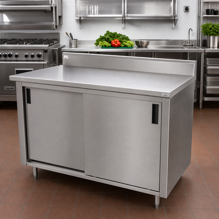 Product image #2 for Advance Tabco Special Value Economy Enclosed Work Table with Cabinet Base, Sliding Doors, Mid-Shelf, 72 x 24 Inch, 16 Gauge 304 Stainless Steel Top, 5 Inch Backsplash