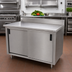 Thumbnail image #2 for Advance Tabco Special Value Economy Enclosed Work Table with Cabinet Base, Sliding Doors, Mid-Shelf, 72 x 24 Inch, 16 Gauge 304 Stainless Steel Top, 5 Inch Backsplash