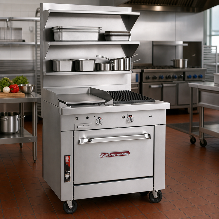 Product image #2 for Southbend Platinum 32-Inch Gas Heavy Duty Range with 16-Inch Hot Top, 16-Inch Charbroiler, and Cabinet Base