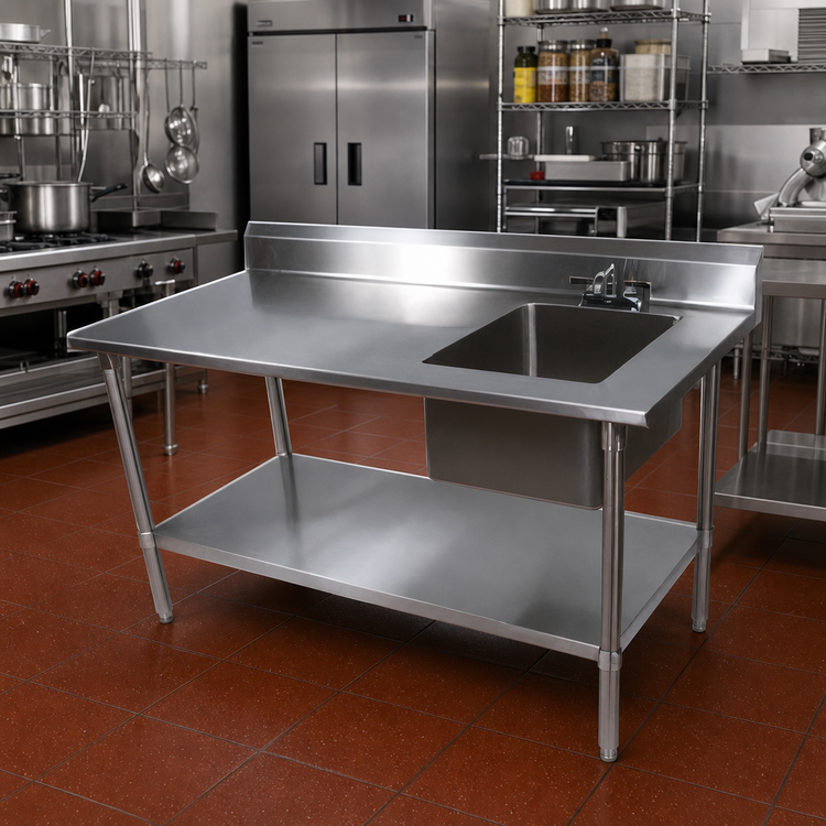 Product image #2 for 48-Inch 18-Gauge Stainless Steel Prep Table With Right Sink Bowl, Backsplash, and Undershelf