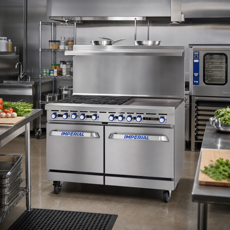 Product image #2 for Imperial Pro Series 48-Inch Stainless Steel Gas Restaurant Range with 4 Open Burners, 24-Inch Griddle/Broiler and Convection Oven