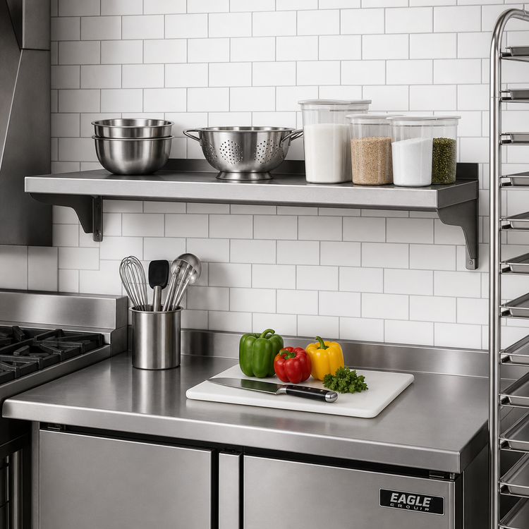 Product image #2 for Eagle Group 48-Inch x 10-Inch Wall-Mounted 16-Gauge Type 304 Stainless Steel Shelf