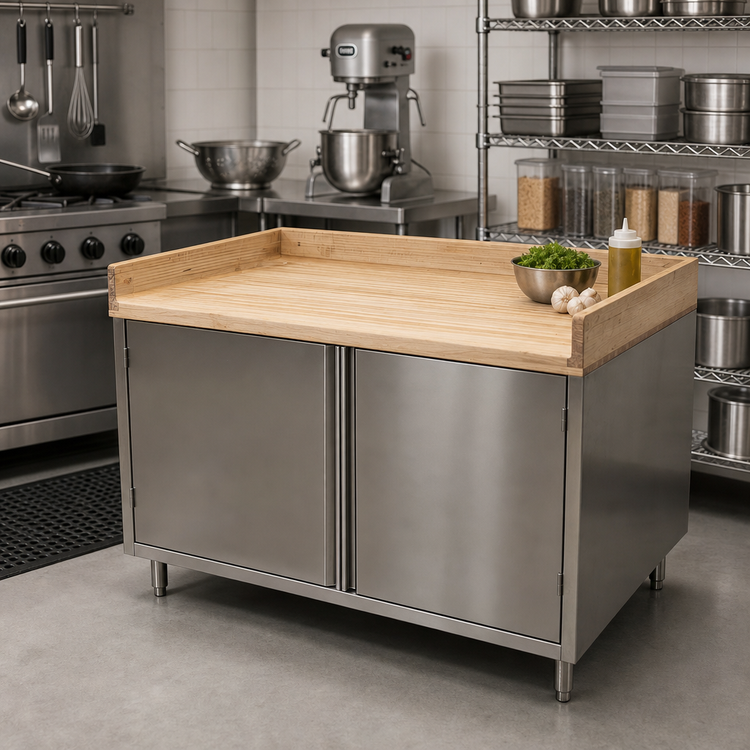 Product image #2 for BK Resources Hard Maple Chef Table with Stainless Steel Cabinet Base and Hinged Doors