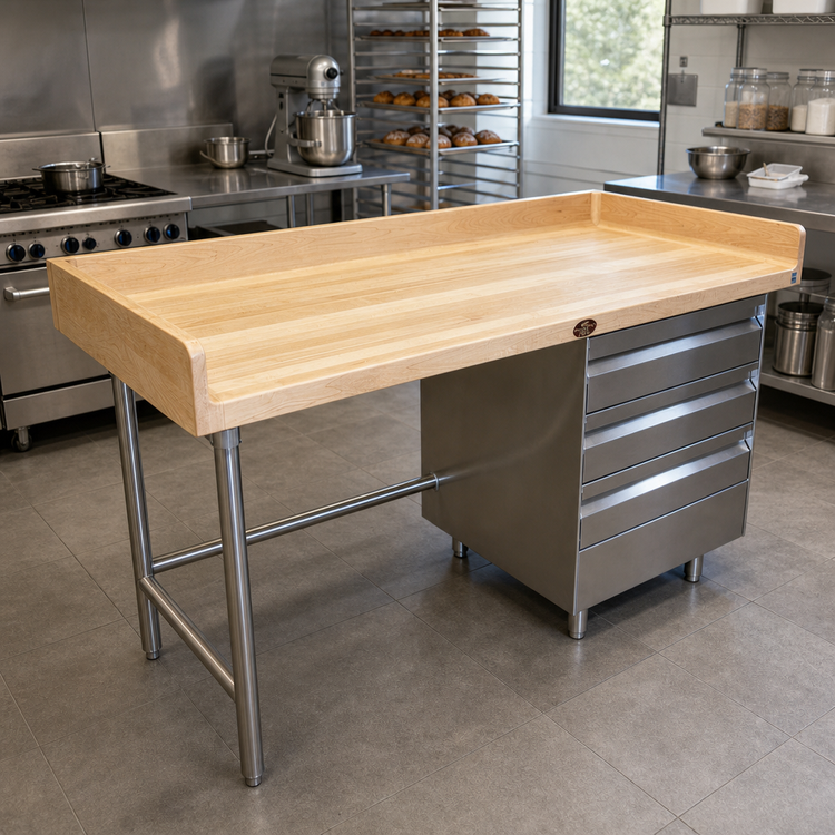 Product image #2 for Advance Tabco 96-Inch Bakers' Table with Wood Top, 3-Tier Right Drawer Base, and Rear/Side Splashes