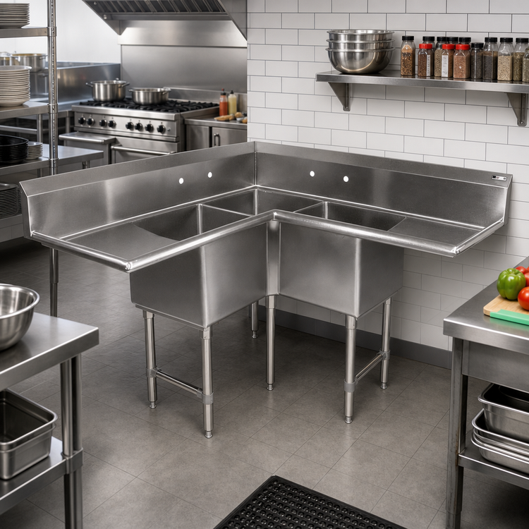 Product image #2 for Pro-Bowl 3-Compartment Corner Sink with Dual 24-Inch Drainboards, 16/300 Stainless Steel, 64-1/2 Inch Square