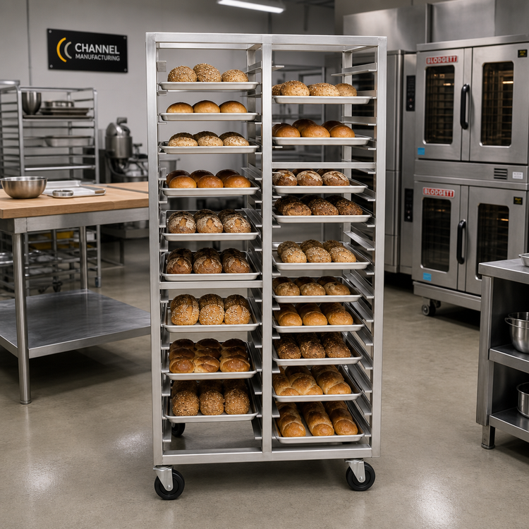 Product image #2 for Channel Manufacturing Double Section Side-Loading Stainless Steel Bun Pan Oven Rack, 24-Pan Capacity