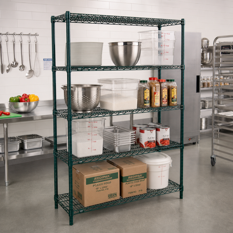 Product image #2 for Redipak 4-Tier Wire Shelving Unit, 60W x 18D x 74H, Stationary, Green Epoxy