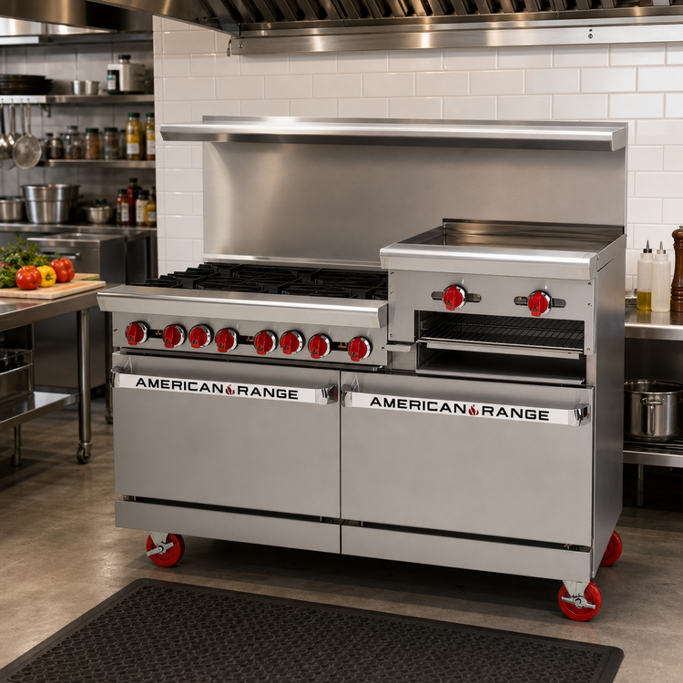 Product image #2 for American Range 48-Inch Commercial Gas Range with 4 Open Burners, 24-Inch Raised Griddle/Broiler, and 2 Space-Saver Ovens
