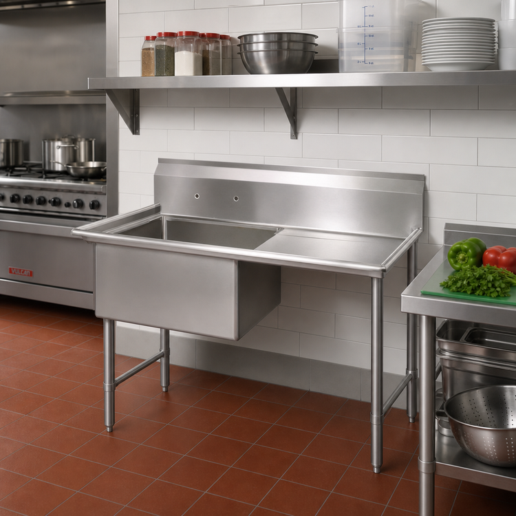 Product image #2 for BK Resources One Compartment Stainless Steel Sink with Right Drainboard, 18 x 18 x 14 Bowl, 40-3/16 Inch Wide