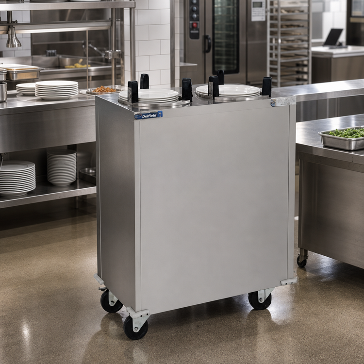 Product image #2 for Delfield Shelleymatic Even Temp Heated Mobile Enclosed Two-Stack Dish Dispenser for 7.25-8.12 Inch Round Plates