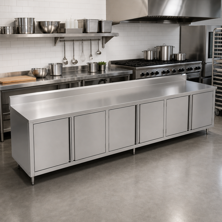 Product image #2 for John Boos Enclosed Stainless Steel Work Table with Cabinet Base and 3 Hinged Door Sets, 132 x 30 Inches, 5-Inch Backsplash