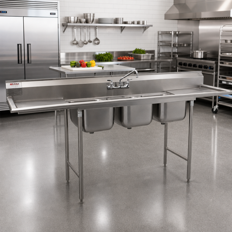 Product image #2 for Eagle Group 412 Series Three-Compartment Sink with Left and Right Drainboards, 102-Inch Wide, 430 Stainless Steel