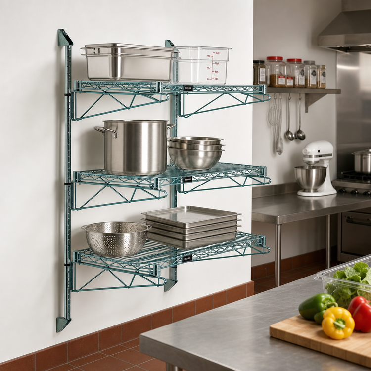 Product image #2 for Quantum Wall-Mounted Cantilever Starter Shelving Unit with 3 Wire Shelves and 54-Inch Posts