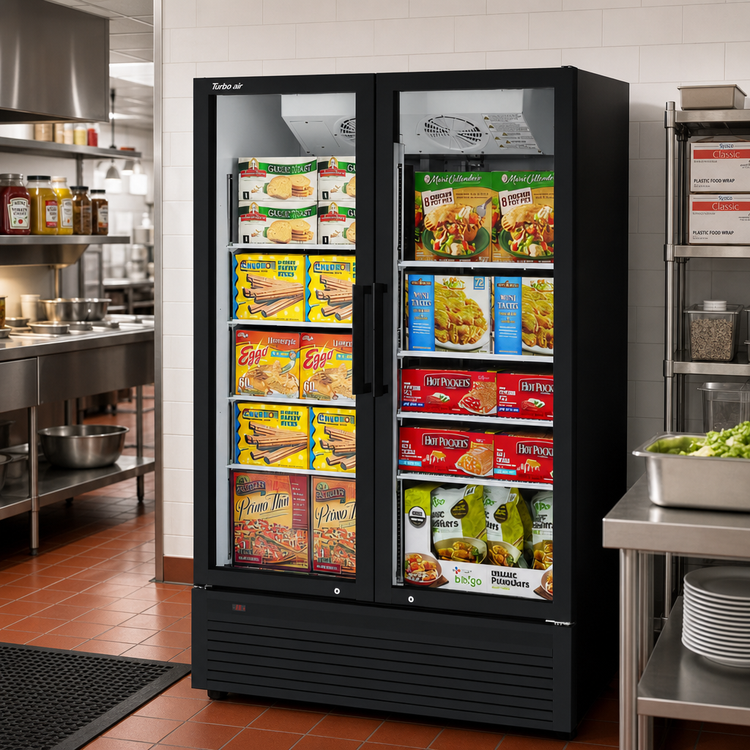 Product image #3 for Turbo Air Super Deluxe 2-Section Glass Door Freezer Merchandiser, 42.1 Cu. Ft., Bottom-Mounted Self-Contained Refrigeration