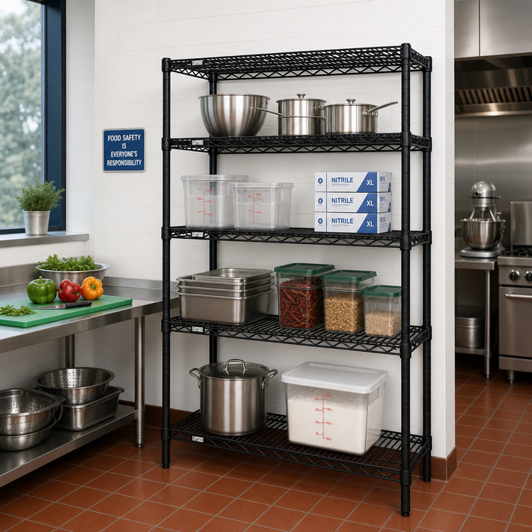 Product image #2 for Quantum 54-Inch W x 18-Inch D x 86-Inch H 4-Shelf Stationary Wire Shelving Starter Kit, Black Epoxy Antimicrobial