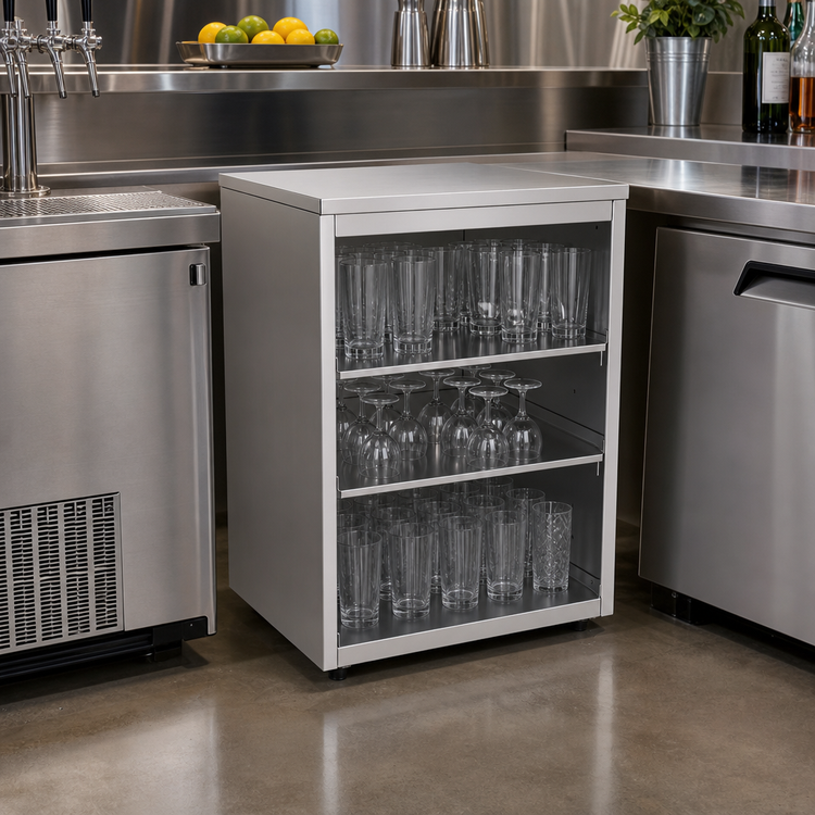 Product image #2 for Glastender Back Bar Glass Storage Cabinet, Open Front, 24-Inch Wide, Stainless Steel, 3 Adjustable Shelves