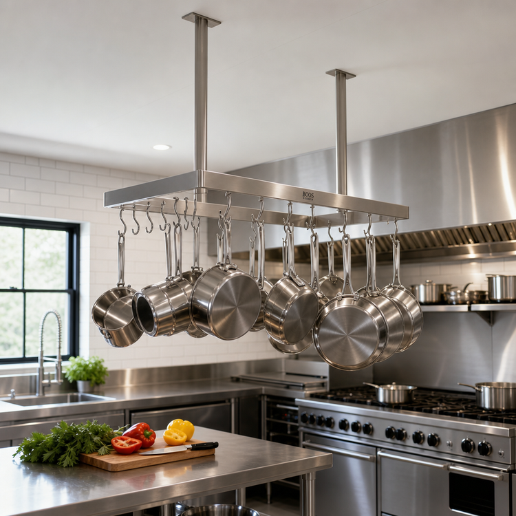 Product image #2 for John Boos Square Ceiling-Mounted Stainless Steel Pot Rack with 15 Double Hooks